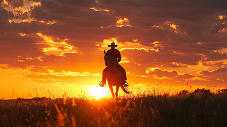 Silhouette of a cowboy on a horse in the field at sunsetの素材
