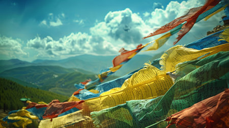 Tibetan prayer flags against the backdrop of the mountains.の素材