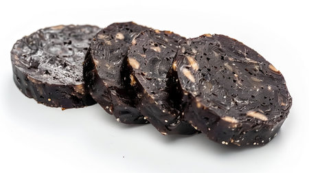 Slices of black pudding isolated on a white background, close-upの素材