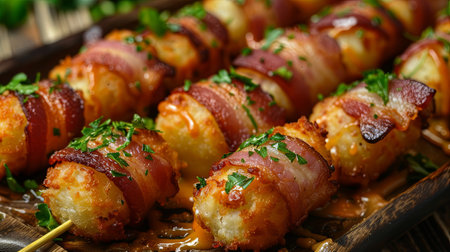 Baked potato rolls with bacon and parsley on a wooden boardの素材