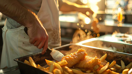 Man cooking french fries in the kitchen, close-up. Restaurantの素材