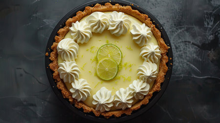 Lemon cake with whipped cream and lime slices on a dark backgroundの素材