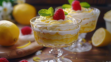 Lemon meringue dessert with fresh raspberries and mintの素材