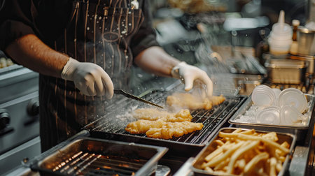 Chef cooking french fries in a restaurant kitchen, close-upの素材