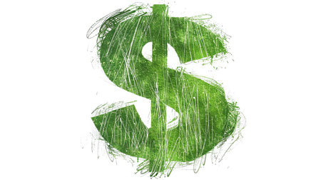 Green dollar sign made of grass isolated on white background. 3D rendering.の素材