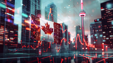 Canadian flag on abstract glowing forex chart background. Trade and finance concept. Double exposureの素材