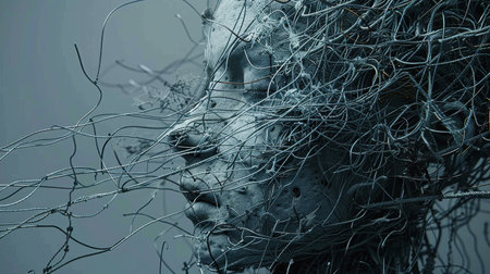 3D rendering of a female face made up of tree branches.の素材
