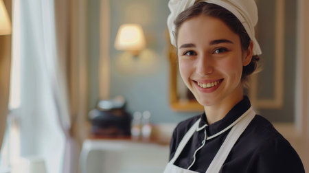 Portrait of smiling young woman in apron and white t-shirt with earphonesの素材