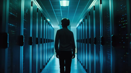 Silhouette of a man standing in a server room, rear viewの素材