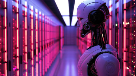 3d rendering robot in server room or data center with red lightsの素材