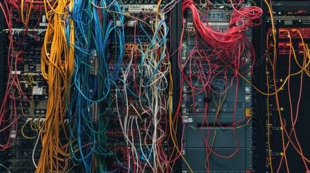 server with fiber optic cables in data center room of modern data centerの素材