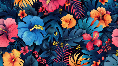 Seamless pattern with tropical leaves and hibiscus flowers.の素材