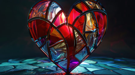 Colorful stained glass heart on a dark background, close-upの素材