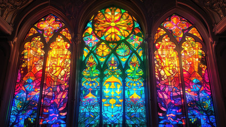 Colorful stained glass windows in the Cathedral of Notre Dame de Paris, Franceの素材