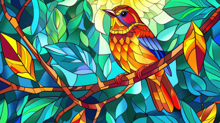 Illustration in stained glass style with a bright bird on a branch on a blue backgroundの素材