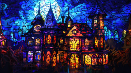 Halloween castle in the form of a stained glass window. 3d renderingの素材