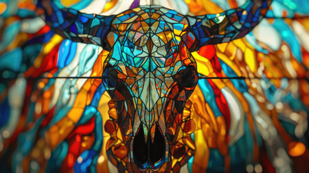 Stained glass window in the shape of a bull's head.の素材