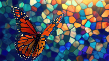 Colorful butterfly on colorful mosaic background. Close-up image.の素材