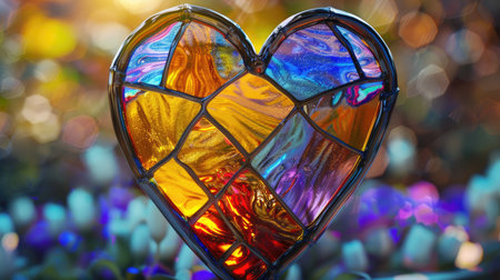 Colorful stained glass heart on blurred bokeh light background.の素材