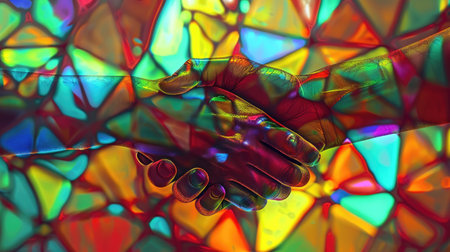 Handshake of two people in stained glass style. Multicolored backgroundの素材