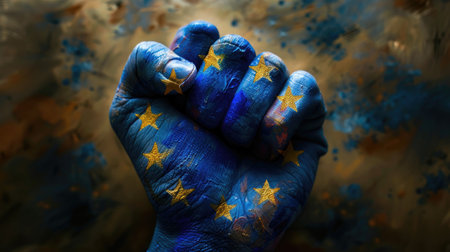 Flag of the European Union painted on male fist. Strength, Protest conceptの素材