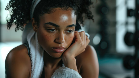 Portrait of a beautiful young african american woman at the gymの素材