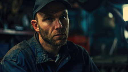 Portrait of a male mechanic working in a car repair shop.の素材
