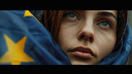 Close up of a young woman with the flag of the European Unionの素材