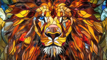 Colorful stained glass window in the shape of a lion, close upの素材
