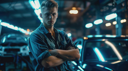 Portrait of a handsome young man in a blue shirt standing with his arms crossed in a dark garageの素材