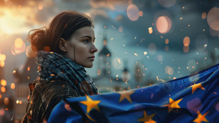 Young woman with the flag of the European Union in her hands.の素材