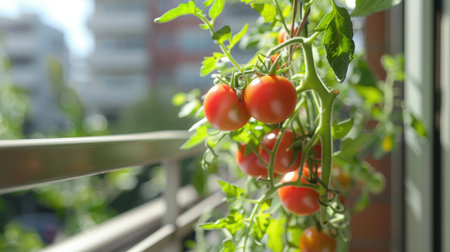 Ripe red tomatoes on a branch on a balcony in summer.の素材