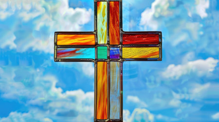 Colorful glass cross on blue sky background. 3D illustration.の素材