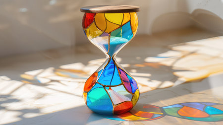 Colorful glass hourglass on white table with shadow and sun lightの素材