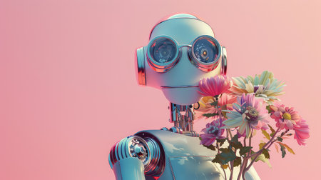 3d rendering robot with a bouquet of flowers on pink backgroundの素材