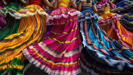 Mexican women wearing colorful dress dancing in Cinco de Mayo celebrationの素材