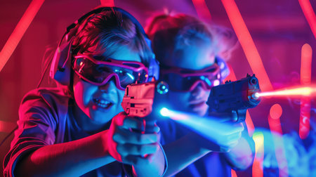 Two girls playing laser tag with laser guns in a dark room.の素材