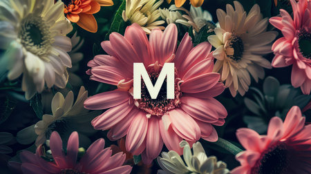 Letter M of English alphabet surrounded by flowers. Floral background.の素材