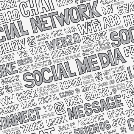 Hand written seamless pattern with social media words, titles, tags and labels. Optimized for easy color changes. EPS8 vector illustration includes Pattern Swatch.のイラスト素材