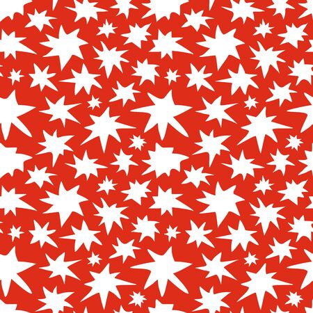 Abstract doodle stars seamless pattern texture. Various size hand drawn white stars on red background. Optimized for one click color changes. illustration includes Pattern Swatch.のイラスト素材