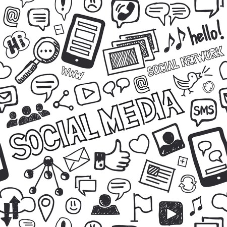 Hand drawn social media doodle seamless pattern in black and white. Optimized for one click color changes. EPS8 vector illustration.のイラスト素材