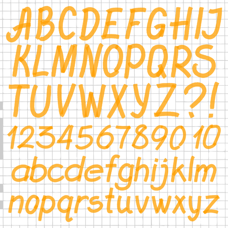 Handwritten highlighter alphabet - letters, numbers and symbols. Optimized for one click color changes. Transparent colors EPS10 vector.のイラスト素材