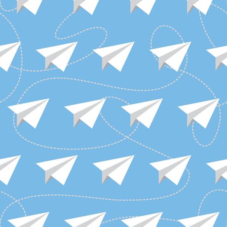 Paper planes and tangled lines seamless pattern. Repeating abstract background with paper planes and dashed lines. EPS8 vector illustration includes Pattern Swatch.のイラスト素材