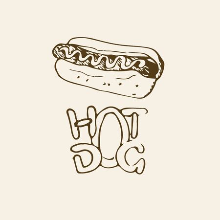 Hot Dog hand drawn illustration. Fast food design element, sketch of hotdog with sauce or mayonnaise and stylized hand written label of Hot Dog. Can be used for a logo. Monochrome EPS8 vector graphics.のイラスト素材
