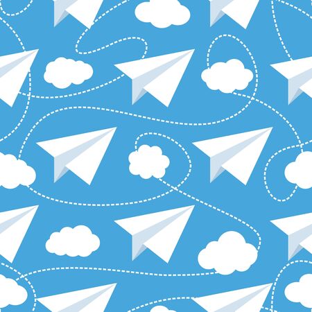 Paper planes seamless vector pattern. Repeating abstract background with paper planes. Papercraft airplanes texture. Paper planes flying in clouds. EPS8 vector illustration includes Pattern Swatch.のイラスト素材
