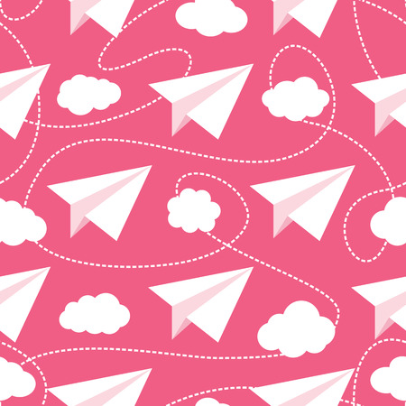 Paper planes seamless vector pattern. Repeating abstract background with paper planes. Papercraft airplanes texture. Paper planes flying in clouds. EPS8 vector illustration includes Pattern Swatch.のイラスト素材