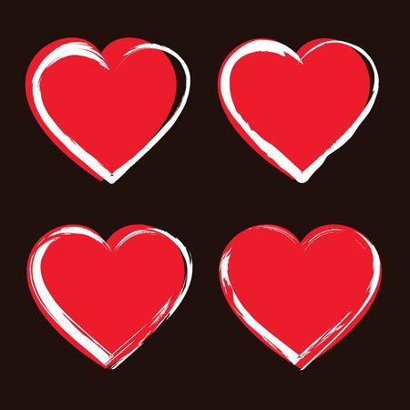 Set of heart icons. Red hearts symbols with white brush strokes isolated on dark background. Vector illustrationのイラスト素材