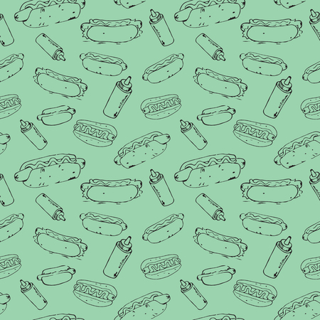 Hot Dog hand drawn seamless pattern. Fast food design element. Seamless texture from sketches of hotdogs with sauce, mayonnaise and vegetables.のイラスト素材