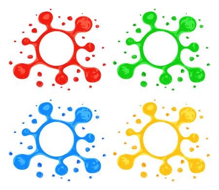 Stylized blots with splashes. Hand drawn by highlighter marker blots. Blot symbols in red, green, blue and yellow colors isolated on white background. Blot design elements.のイラスト素材