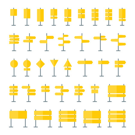 Road signs, boards and pointers flat icons. Set of 36 signpost icons isolated on white background. Blank guide sign templates in yellow colors for navigational textのイラスト素材
